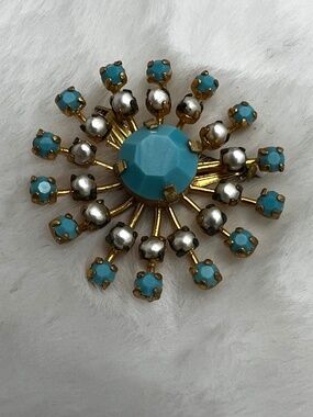 Vintage MCM Faux Turquoise & Pearl Starburst Statement Brooch Pin